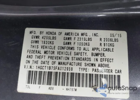 2015 Honda Accord Ex из США, поврежденный, VIN 1HGCT1B75FA012959